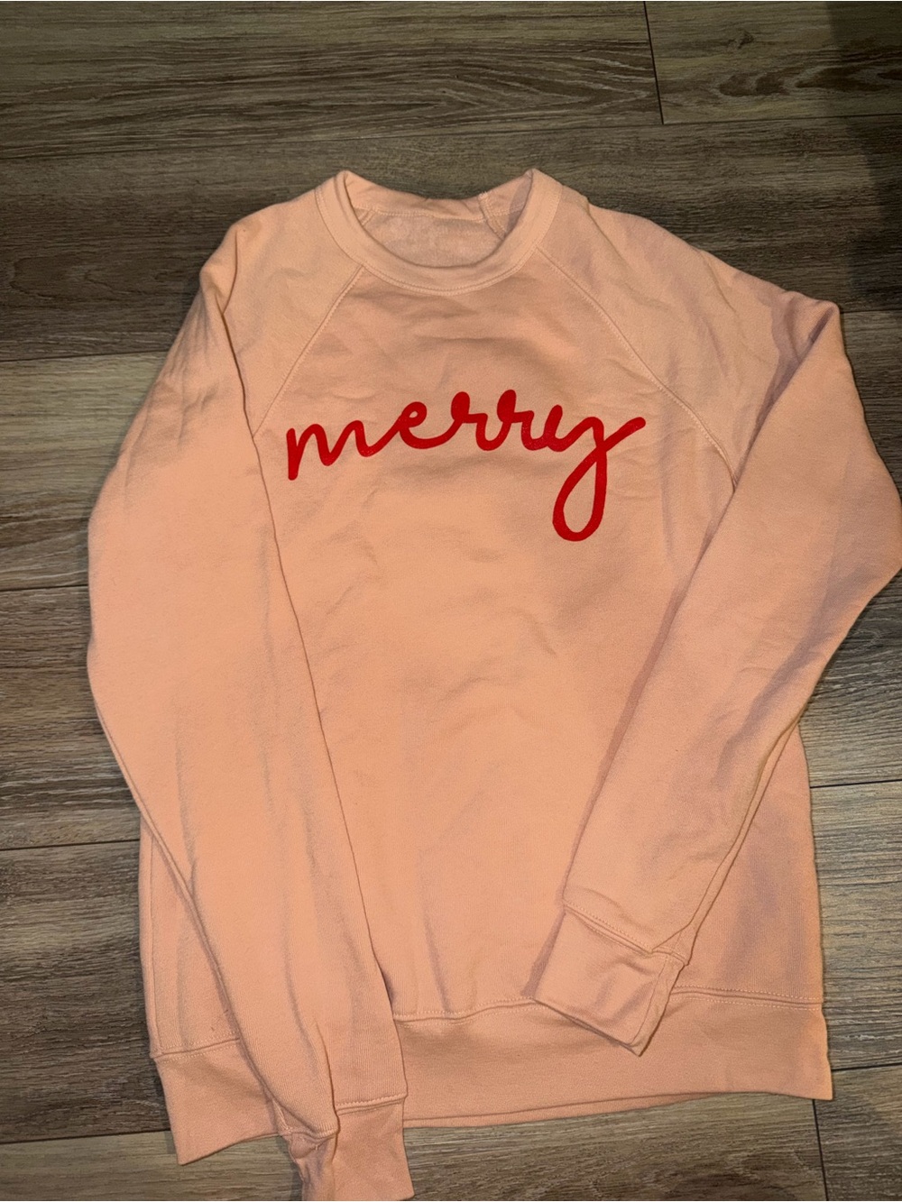 Peach Crewneck Sweater with Red 'merry' Script